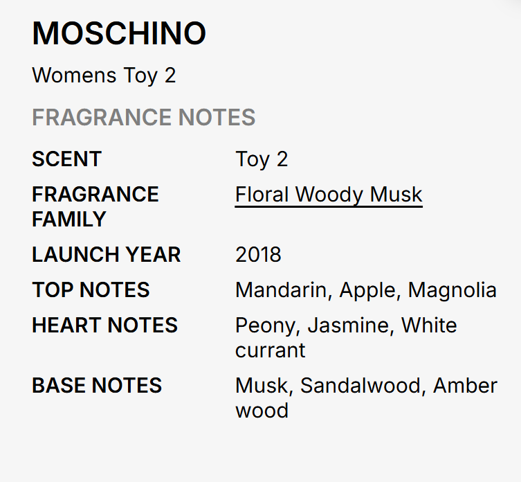 A text-based fragrance notes card for Moschino Womens Toy 2, showing scent, fragrance family, launch year, and top/heart/base notes on a light gray background.