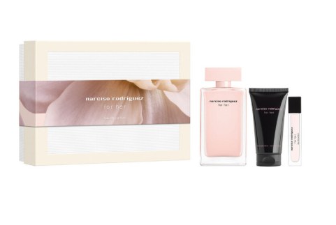 Narciso Rodriguez For Her Perfume for Women 3 PC Gift Set with packaging box on white background UPC 3423222145347