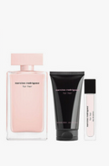Narciso Rodriguez For Her Perfume for Women 3 PC Gift Set including 3.3 oz EDP Spray, 1.6 oz Body Lotion, and 0.33 oz EDP Mini on white background UPC 3423222145347