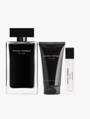 Narciso Rodriguez For Her Perfume for Women 3 PC Gift Set including 3.3 oz EDT Spray, 1.6 oz Body Lotion, and 0.33 oz EDP Mini on white background UPC 3423222145330