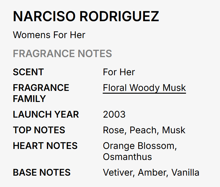 Narciso Rodriguez For Her EDT — soft osmanthus rose and peach opening with musk rose and jasmine heart, warm sandalwood vetiver amber and musk base, soft deeply intimate musky floral feminine fragrance UPC 3423222145330
