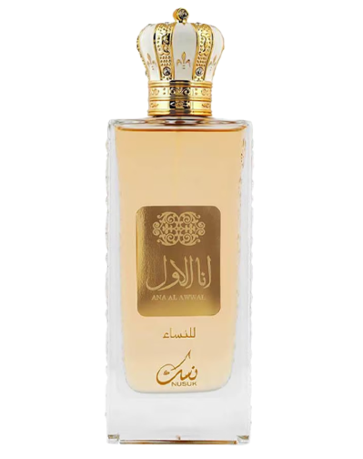 Nusuk Al-Ahl perfume bottle with a gold and white crown cap, featuring a gold label with Arabic calligraphy on a white background.