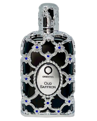 Orientica Oud Saffron perfume bottle with a silver filigree frame and blue gemstone accents on a black background.