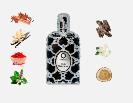 A bottle of Orientio Oud Saffron perfume centered on a light gray background, surrounded by small ingredient illustrations including cinnamon, vanilla, cardamom, cloves, rose, and a wood slice.
