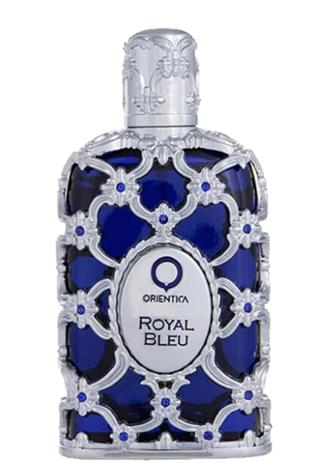 Oriental Royal Bleu perfume bottle with a silver filigree frame and deep blue glass background, featuring a silver cap and a central oval label.