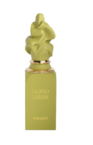 A green rectangular perfume bottle with a sculpted, swirled green cap, featuring gold lettering that reads 'LIQUID DESIRE' and 'hayat'.