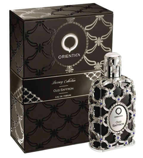 Orientalia Old Saffron Eau de Parfum bottle with a silver filigree cap and body, shown next to its black and silver patterned packaging box.