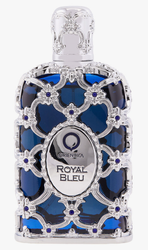 Oriental Royal Bleu perfume bottle with a silver filigree frame and deep blue glass panels, shown on a white background.
