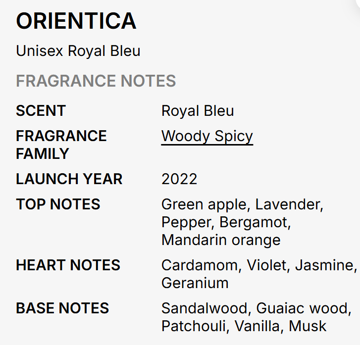 A text-based fragrance notes card for Orientica Unisex Royal Bleu, detailing the scent family as Woody Spicy and listing key notes like green apple, lavender, pepper, bergamot, mandarin orange, cardamom, violet, jasmine, sandalwood, guaiac wood, patchouli, vanilla, and musk.
