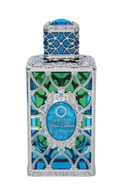 Orienta Royal Collection Victory perfume bottle with a silver filigree frame, blue and green patterned background, and a blue cap, shown on a white background.