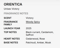 A text-based fragrance note card for 'Orientica' by Unisex Victory, detailing scent, fragrance family, launch year, and top, heart, and base notes on a light gray background.