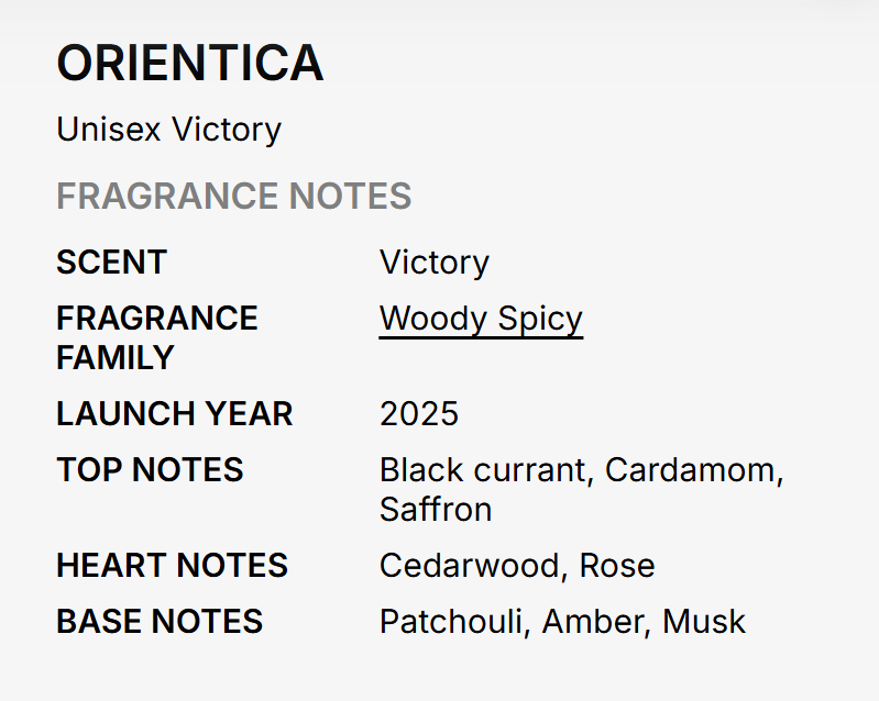 A text-based fragrance note card for 'Orientica' by Unisex Victory, detailing scent, fragrance family, launch year, and top, heart, and base notes on a light gray background.