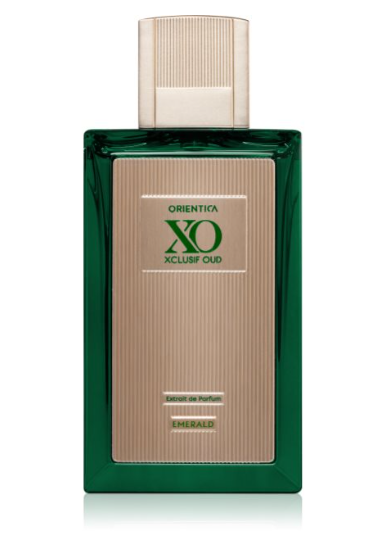 Oriental XO Xclusif Oud Eau de Parfum bottle in Emerald green with a textured beige front panel and a matching beige cap, shown on a white background.