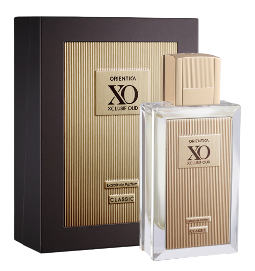 Orientica XO Xclusif Oud Classic perfume bottle with its dark brown and gold presentation box, shown on a plain white background.