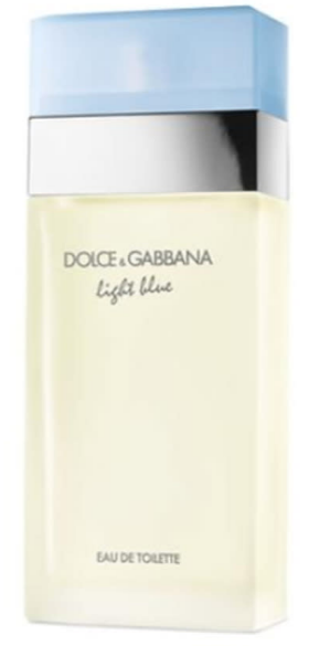 Dolce Gabbana Light Blue Eau de Toilette bottle, featuring a pale cream-colored glass body with a metallic silver band and a light blue cap, on a white background.