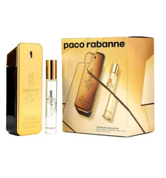 Paco Rabanne 1 Million Perfume for Men 2 PC Gift Set with packaging box on white background UPC 3349668625284