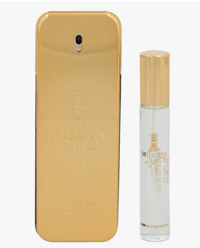 Paco Rabanne 1 Million Perfume for Men 2 PC Gift Set including 3.4 oz EDT Spray and 0.33 oz EDT Mini Spray on white background UPC 3349668625284
