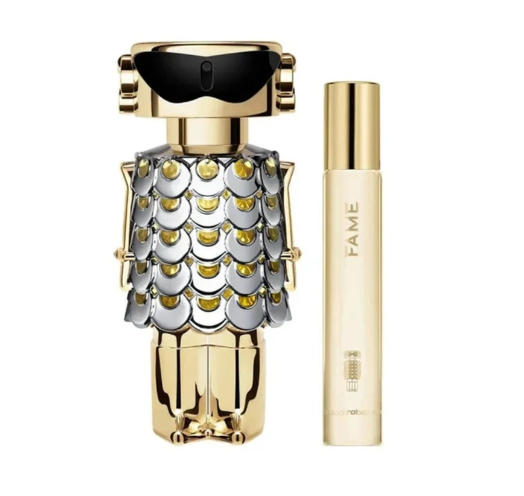 Paco Rabanne Fame Perfume for Women 2 PC Gift Set including 2.7 oz EDP Spray and 0.68 oz Travel Spray on white background UPC 3349668628759