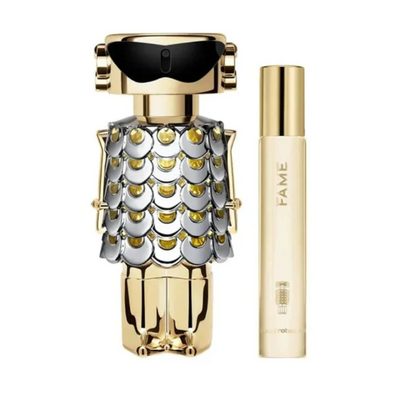 Paco Rabanne Fame Perfume for Women 2 PC Gift Set including 2.7 oz EDP Spray and 0.68 oz Travel Spray on white background UPC 3349668628759
