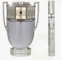Paco Rabanne Invictus Perfume for Men 2 PC Gift Set including 3.4 oz EDT Spray and 0.68 oz Travel Spray on white background UPC 3349668604258