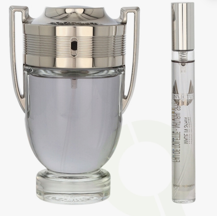 Paco Rabanne Invictus Perfume for Men 2 PC Gift Set including 3.4 oz EDT Spray and 0.68 oz Travel Spray on white background UPC 3349668604258