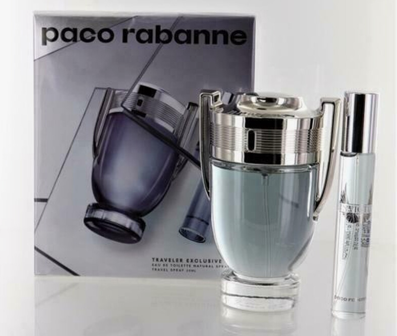 Paco Rabanne Invictus Perfume for Men 2 PC Gift Set with packaging box on white background UPC 3349668628681