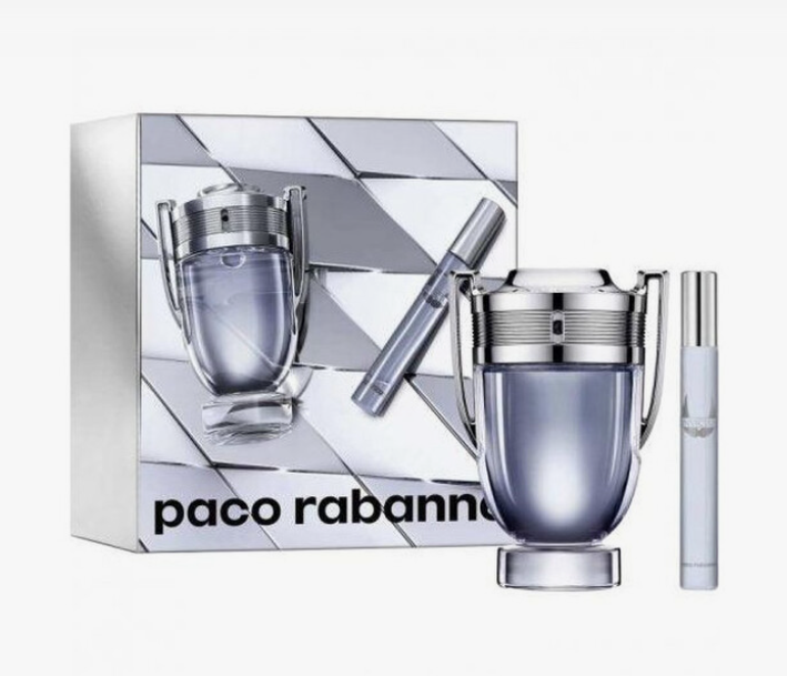 Paco Rabanne Invictus Perfume for Men 2 PC Gift Set with packaging box on white background UPC 3349668604258