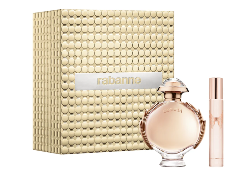 Paco Rabanne Olympea Perfume for Women 2 PC Gift Set with packaging box on white background UPC 3349668628742