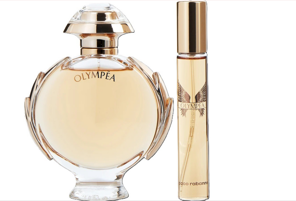 Paco Rabanne Olympea Perfume for Women 2 PC Gift Set including 2.7 oz EDP Spray and 0.68 oz EDP Mini on white background UPC 3349668628742