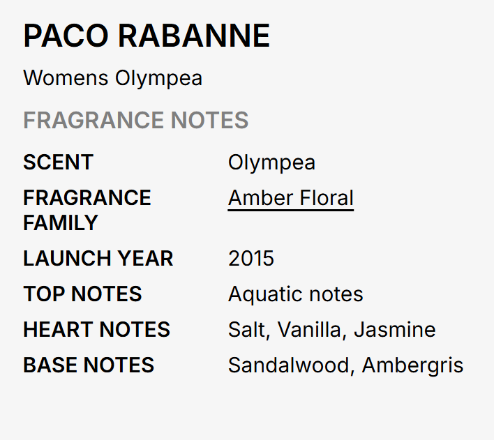 Paco Rabanne Olympea EDP — fresh green mandarin and water jasmine opening with fleur de sel and white sandalwood heart, warm cashmere vanilla and ambergris base, warm richly floral amber feminine fragrance UPC 3349668628742