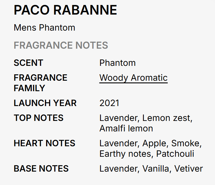 Paco Rabanne Phantom EDT — fresh lemon lavender and woody notes opening with vanilla mineral notes and vetiver heart, warm musk woody notes and amber base, bold fresh woody aromatic masculine fragrance UPC 3349668623457