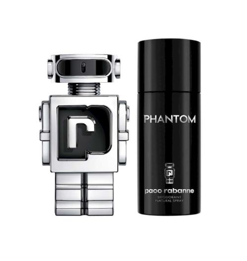 Paco Rabanne Phantom Perfume for Men 2 PC Gift Set including 3.4 oz EDT Spray and 5.1 oz Deodorant Spray on white background UPC 3349668623457