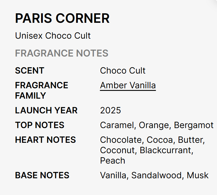 A text-based fragrance notes card for PARIS CORNER Unisex Choco Cult, with scent, fragrance family, launch year, top notes, heart notes, and base notes listed on a light gray background.