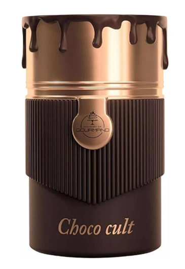 A cylindrical perfume bottle for 'Choco cult' by Gourmoud, designed to look like a chocolate bar. The top half is metallic bronze with a dripping chocolate effect, the middle section is dark brown with vertical ridges and a bronze button, and the bottom is dark brown with the brand name 'Choco cult' in gold.