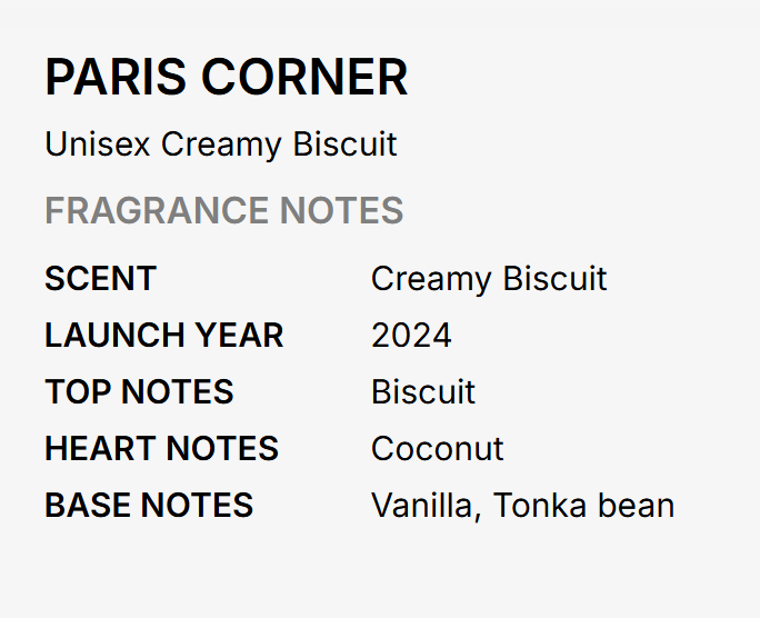 A text-based fragrance note card for Paris Corner Unisex Creamy Biscuit, listing scent as Creamy Biscuit, launch year 2024, top notes as Biscuit, heart notes as Coconut, and base notes as Vanilla, Tonka bean.