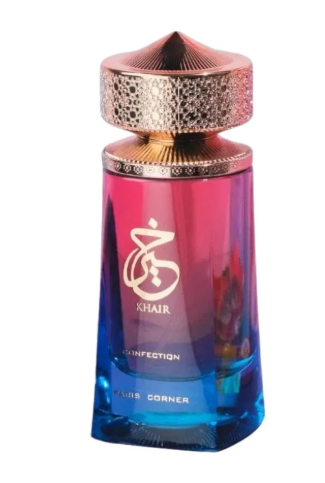 Louis Corner Khair Confection perfume bottle with a metallic rose gold cap and a blue-to-pink gradient glass body.