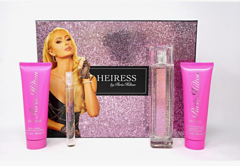 Paris Hilton Heiress Perfume for Women 3 PC Gift Set with packaging box on white background UPC 608940589007