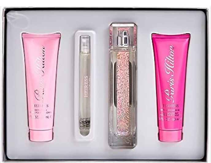 Paris Hilton Heiress Perfume for Women 3 PC Gift Set including 3.4 oz EDP Spray, 3.0 oz Body Lotion and 3.0 oz Shower Gel on white background UPC 608940589007