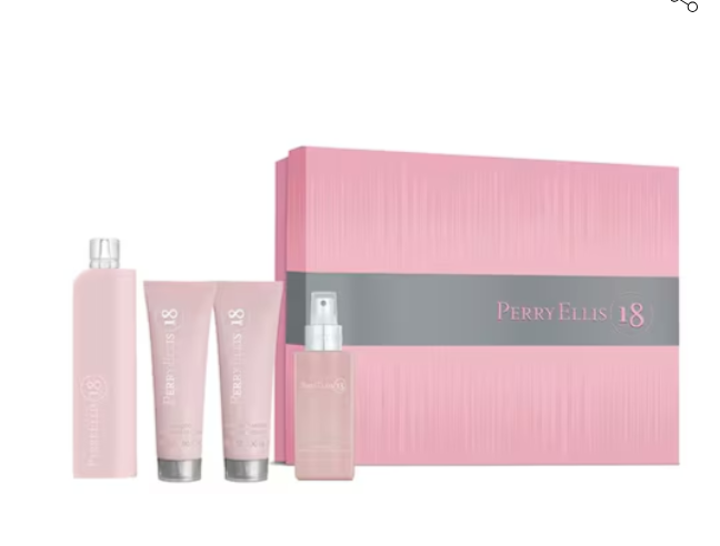 Perry Ellis 18 Perfume for Women 4 PC Gift Set with packaging box on white background UPC 844061016620