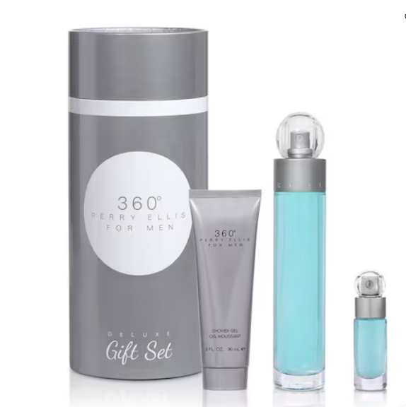 Perry Ellis 360 Perfume for Men 3 PC Gift Set with packaging box on white background UPC 844061014770