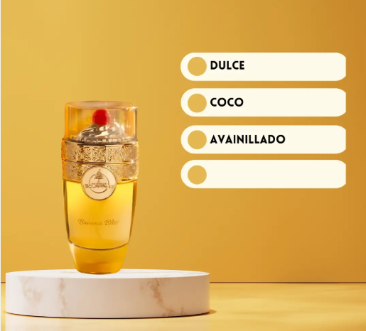 A perfume bottle filled with golden-yellow liquid stands on a white marble pedestal against a warm yellow background. To the right, four white rounded labels read 'DULCE', 'COCO', 'AVAINILLADO', and an empty fourth line.