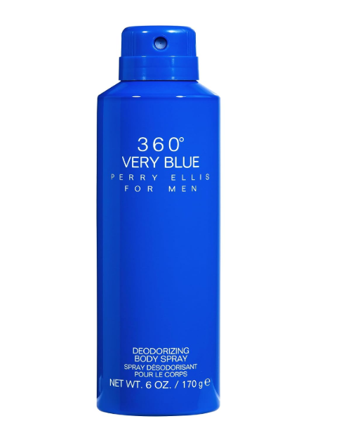 A blue aerosol can of Perry Ellis For Men 360° Very Blue Deodorizing Body Spray on a plain white background.