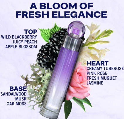  Fragrance notes promotional image — "A Bloom of Fresh Elegance" (Top: Wild Blackberry, Juicy Peach, Apple Blossom / Heart: Creamy Tuberose, Pink Rose, Fresh Muguet, Jasmine / Base: Sandalwood, Musk, Oak Moss): Perry Ellis 360 Purple a bloom of fresh elegance fragrance notes wild blackberry juicy peach apple blossom creamy tuberose pink rose fresh muguet jasmine sandalwood musk oak moss for women UPC 844061007963