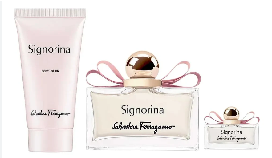 Salvatore Ferragamo Signorina Perfume for Women 3-Piece Gift Set all contents on white background including EDP bottle with pink bow body lotion tube and mini EDP spray floral fruity currant pink pepper jasmine peony UPC 8052464896264