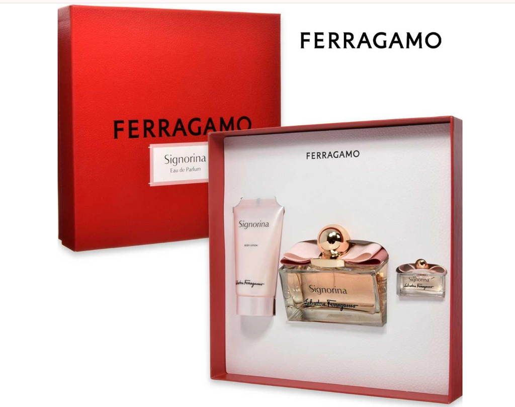 Salvatore Ferragamo Signorina Perfume for Women 3-Piece Gift Set displayed in open red Ferragamo gift box with EDP bottle body lotion tube and mini EDP spray floral fruity patchouli musk pannacotta accord UPC 8052464896264