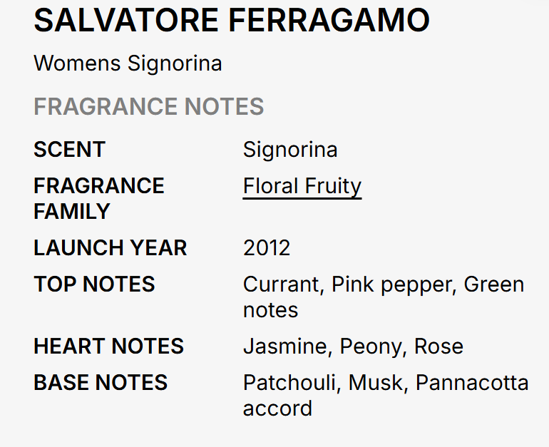 Salvatore Ferragamo Signorina for Women Floral Fruity fragrance notes top currant pink pepper green notes heart jasmine peony rose base patchouli musk pannacotta accord launched 2012 UPC 8052464896264