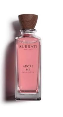 Surrati Adore Me Eau de Parfum bottle with pink liquid, a clear glass body, and a dark brown wooden cap, shown on a white background with a soft shadow.