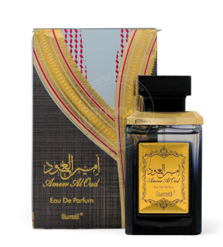 A bottle of Sumri Ameer Al-Oud Eau De Parfum with its matching box, featuring a black and gold design with red accents on a white background.
