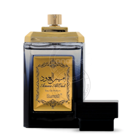 A bottle of Sumri Amores Moud Eau de Parfum with a gold and black design, shown next to its black cap on a white background.