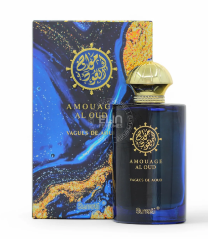 Sunli Amouage Al Oud perfume bottle and its matching box. The bottle is made of deep blue glass with a shiny gold cap, and the box features a matching blue and gold marbled design with Arabic calligraphy.